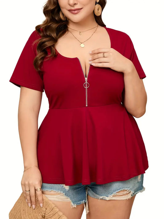 Blusa informal de manga corta con volantes en el dobladillo y cremallera, hasta talla 5xl