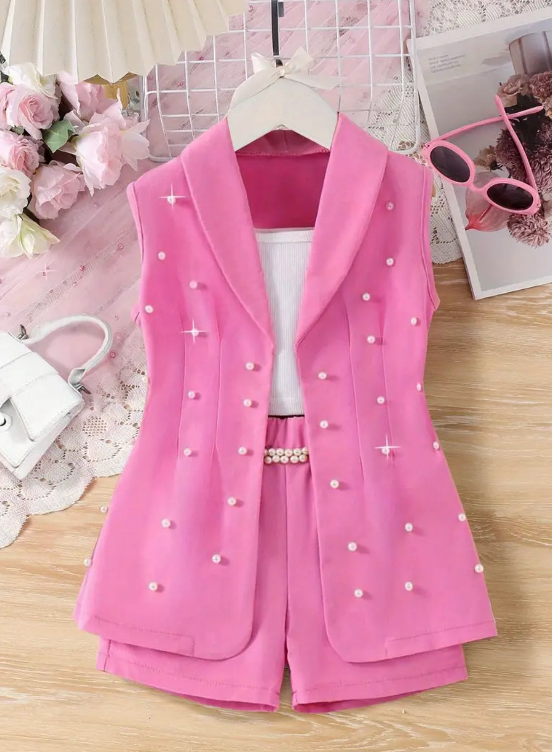 Girls ‘MISS HOLLYWOOD’ 3pcs Set - Shorts, White Blouse + Sleeveless Suit Vest