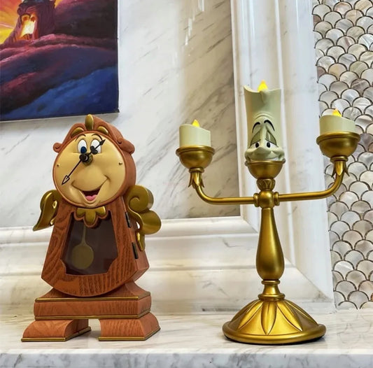 Figuras de acción de Disney de La Bella y la Bestia: Cogsworth, Mr Clock, estatua de lámpara de vela Lumiere