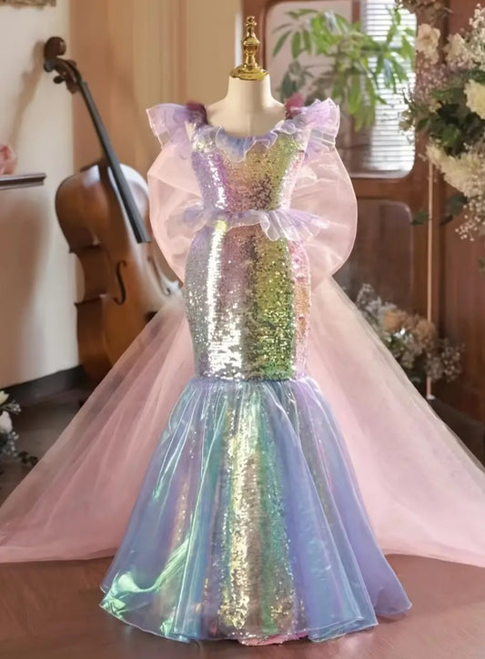 Vestido de princesa con lentejuelas de pasarela “Colas de pez para niños 2024”