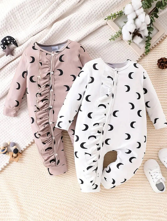 “To The Moon” 2-Pack Baby Girl's Moon Print Long Sleeve Jumpsuit, Fashionable