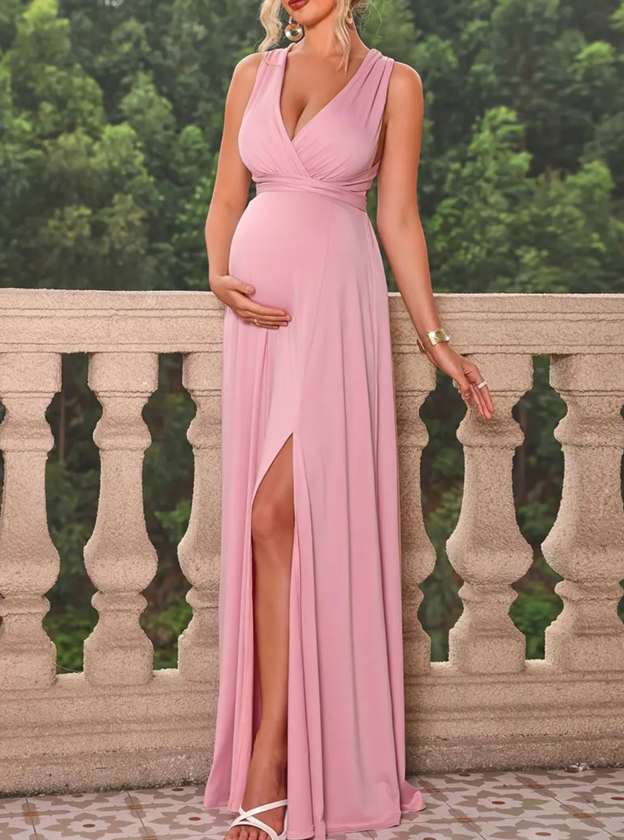 Women's Maternity Backless Split Dress with Waist Belt - Sexy and Stylish Maternity Wear