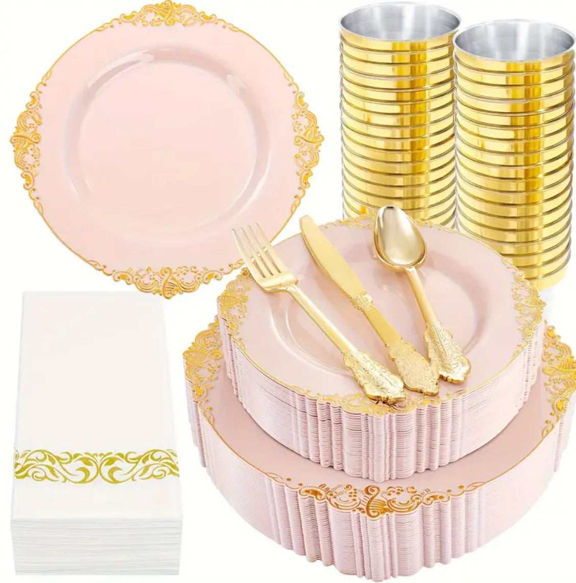 Pretty Pink and Gold Plastic Plates - Plastic Dinnerware Sets for 50 Guests, 350 pcs