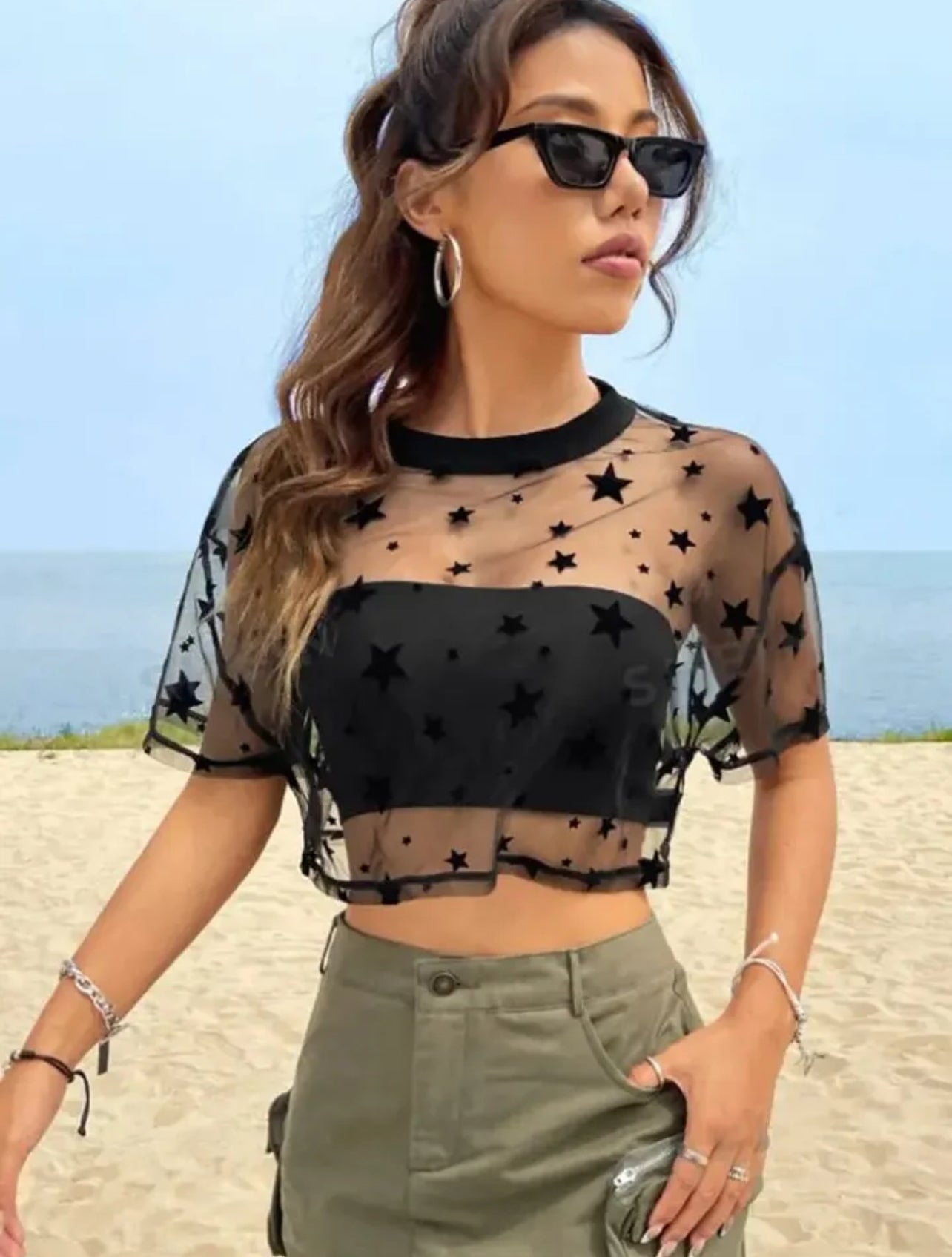 “Star” Drop Shoulder Crop Mesh Top