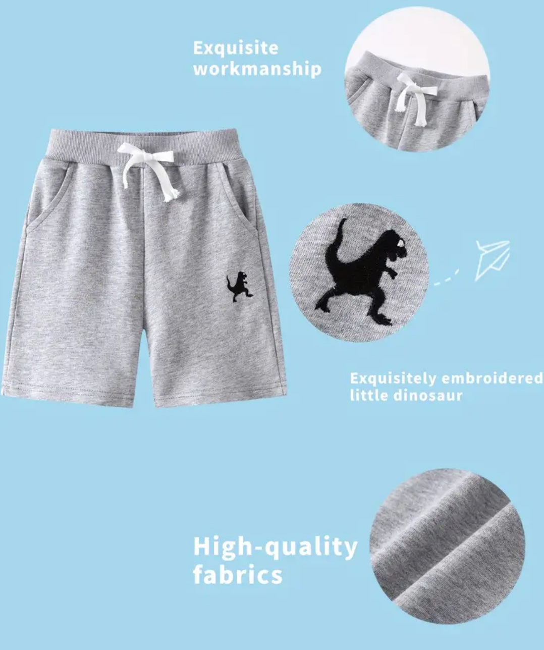 Pantalones cortos deportivos de algodón para niños pequeños con bolsillos: diseño sin cierre y bordado de dinosaurio