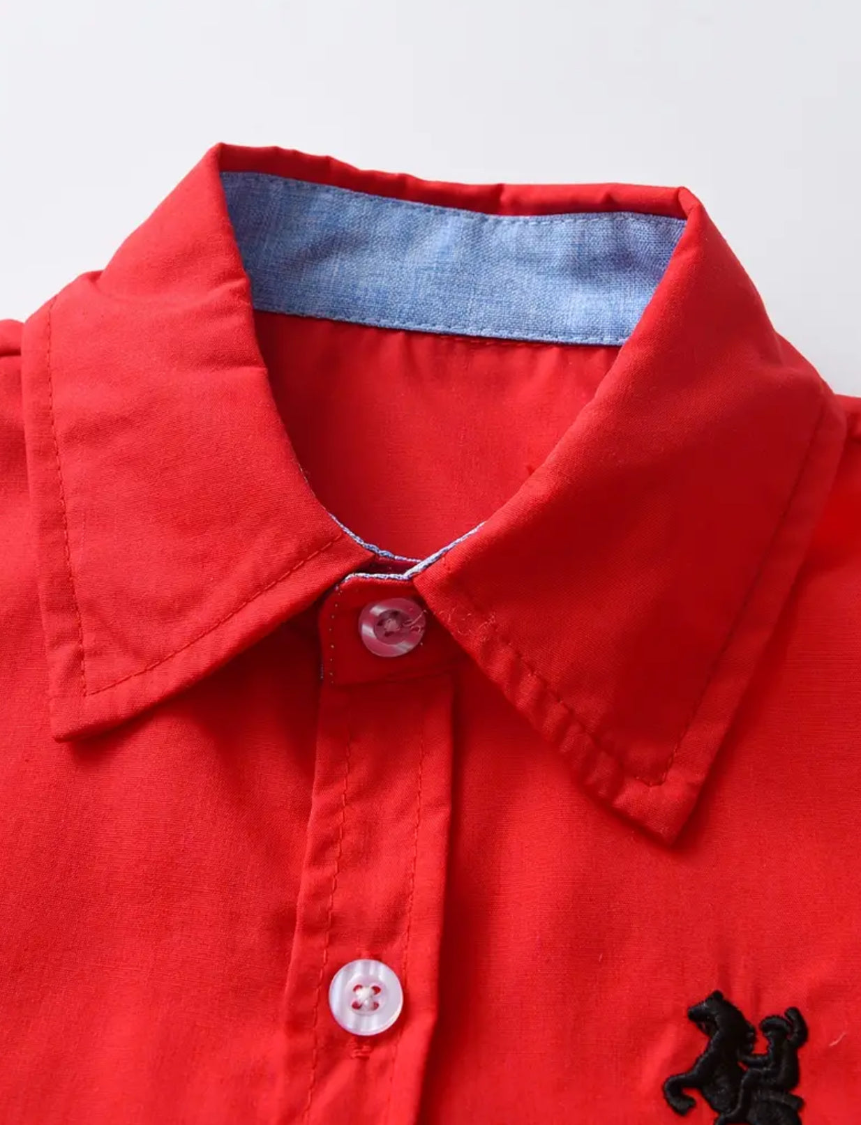 The Boys, Red Trendy Horse Embroidered Long Sleeve Button Down Shirt,