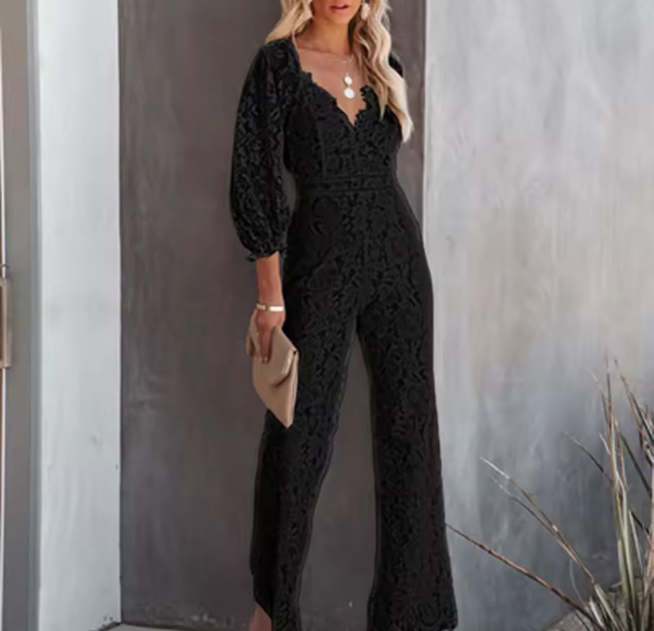 “Floral Lace” Wide Leg Jumpsuit, Solid Color,  Long Sleeve V Neck, Women’s