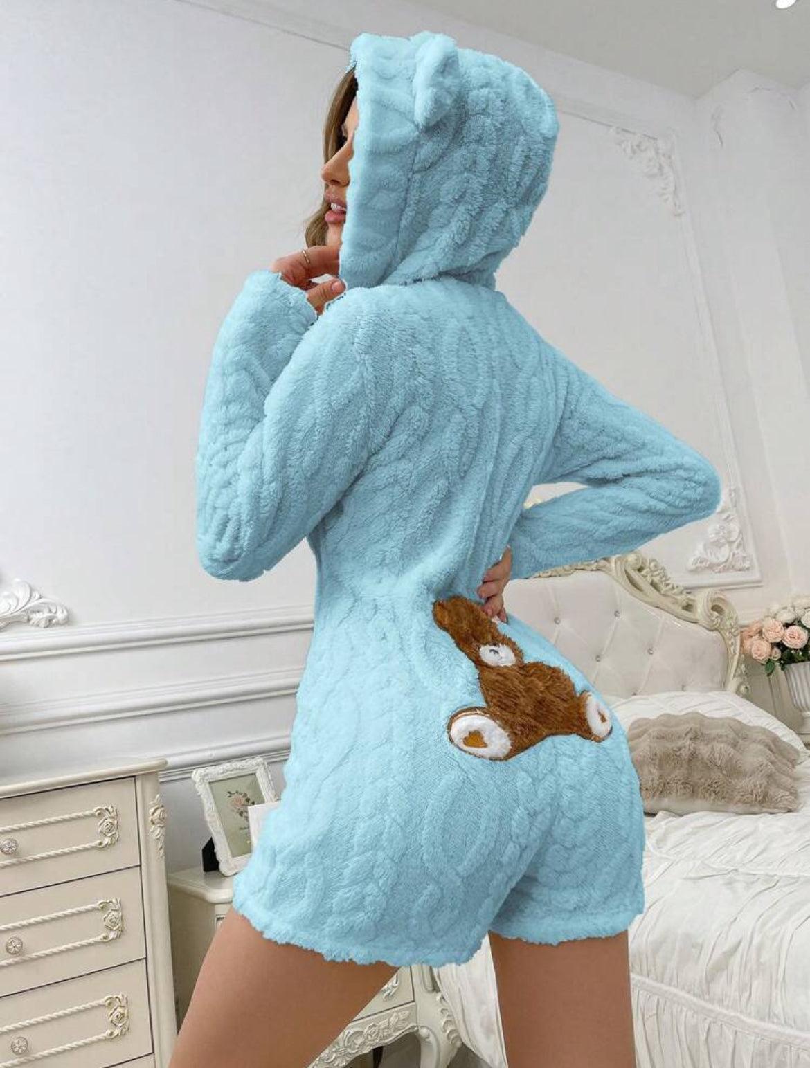 “Baby Bear” Romper, Shaped Hooded Bear 🐻 Embroidered Plush Pajama, Women