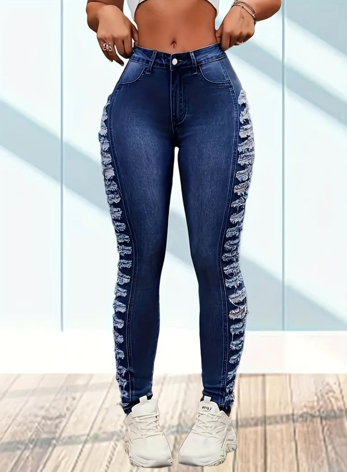 Slimming High-Waist Skinny Jeans, Stretch, Distressed Casual Style