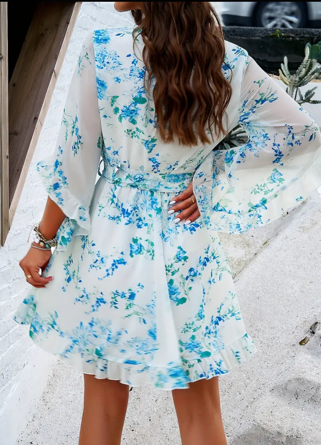 Hannah’s Floral Print V-neck Belted Swing Dress for Women - Flare Sleeve and Ruffles