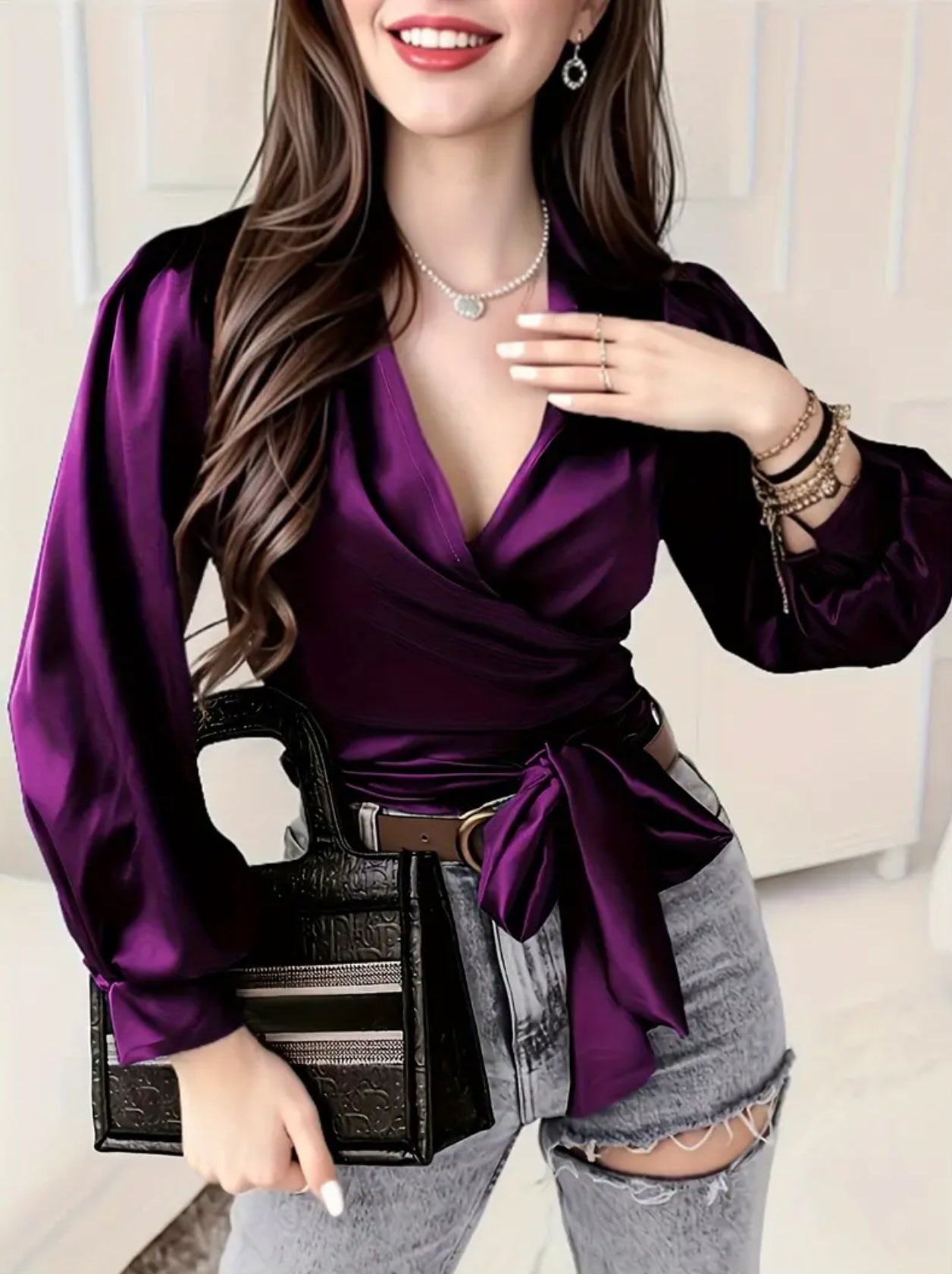 Women's Solid Surplice Neck Blouse with Long Sleeve and Tie Waist