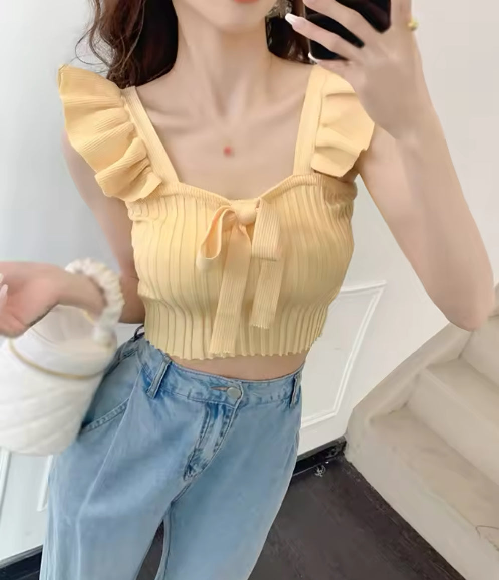 Solid Color, Tie Front Knitted, Chic Flutter Sleeve, Slim Backless Crop Top