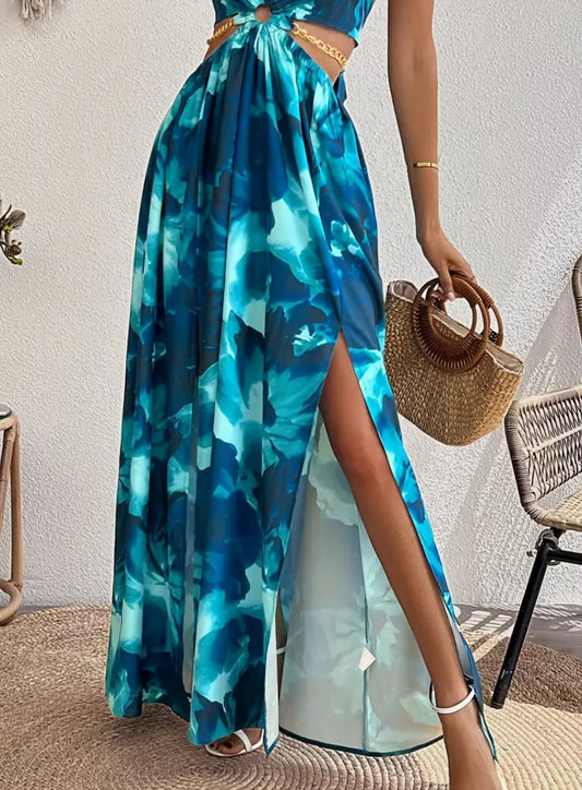 Long Floral Tropical Halter Maxi Dress
