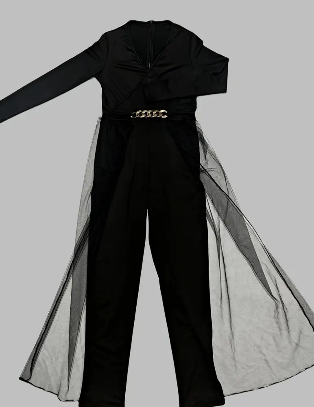 Coal Mesh Panel Jumpsuit, Non-Sheer, Elegant V-Neck, Gold Buckle Accent Belt