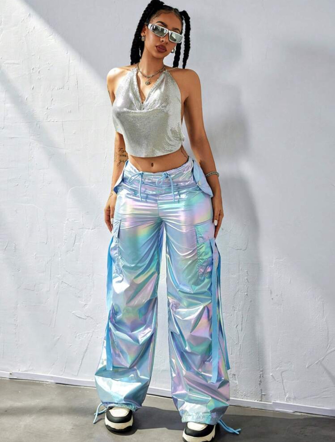 “Y2K Holographic” Flap Pocket, Tape Drawstring Waist, Wide Leg Parachute Cargo Streetwear