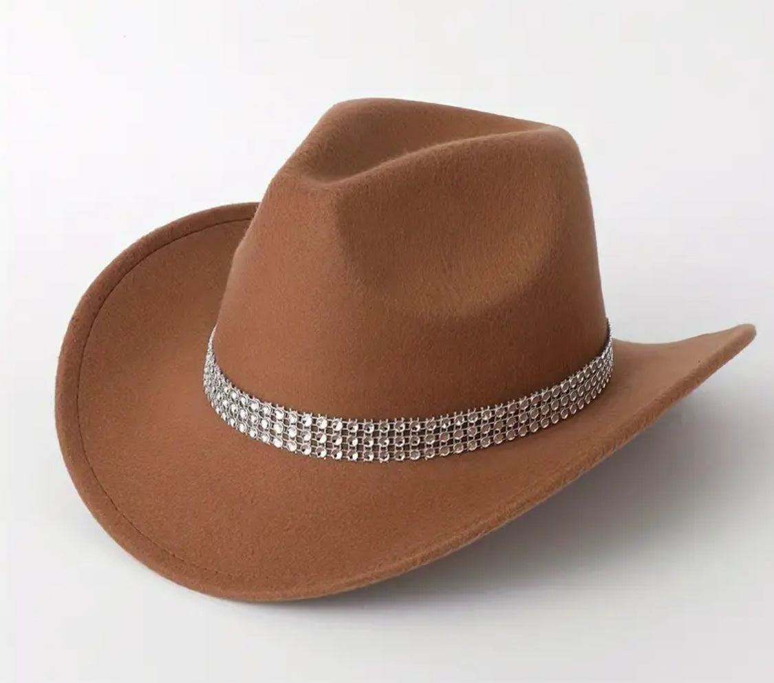 Sombrero de vaquero de fieltro, ala ancha, banda de diamantes de imitación, perfecto para amantes de la moda y la música