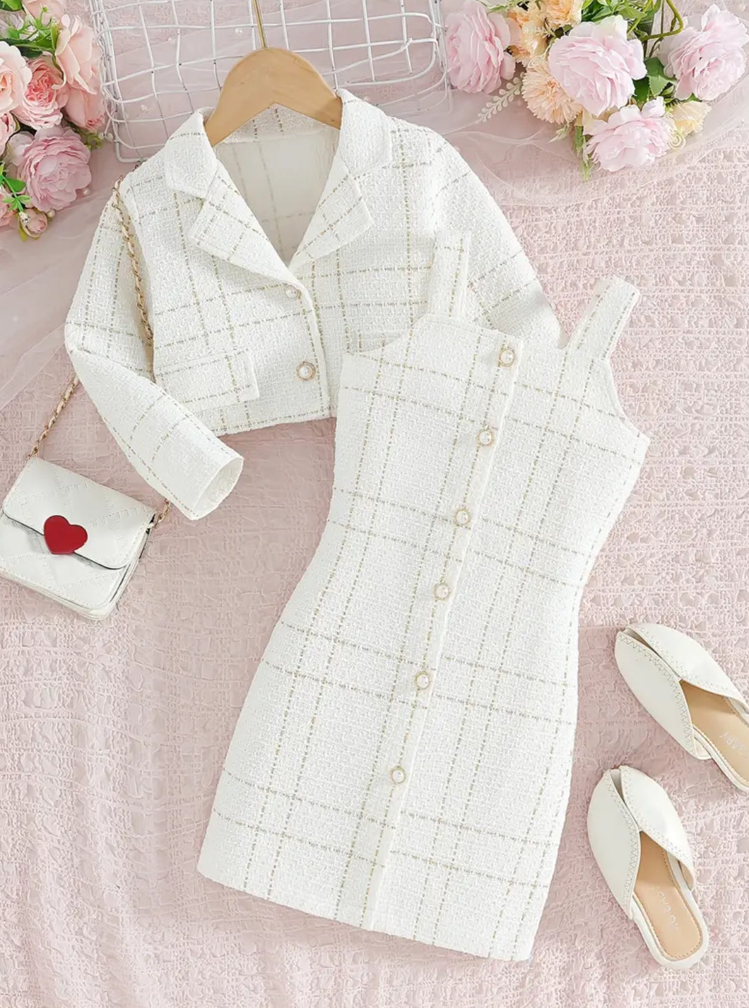 Girls ‘JACKIE O’ Fashion Plaid Two-Piece Set: Pearl Button Collar Long Sleeve Jacket + Vertical Button Suspender Dress 
