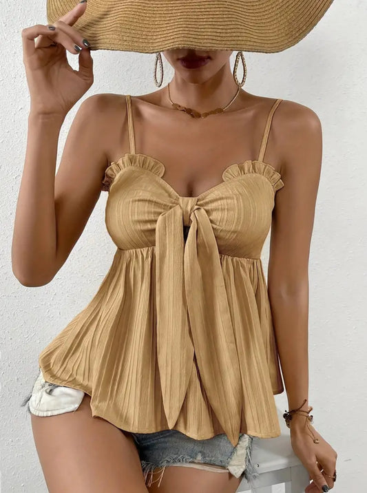 Spaghetti Strap, Shirred, Knot Front Cami Top