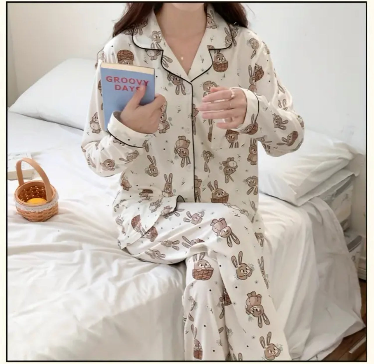 Cute Rabbit Print Lounge Set, Long Sleeve Button Up Lapel Collar Top & Elastic Pants, Women's Sleepwear, Posh 💋 Mommies Collection