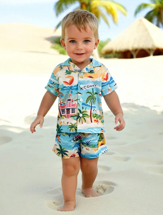 Baby Boy's Hawaiian Flower Printed Shirt & Shorts Set