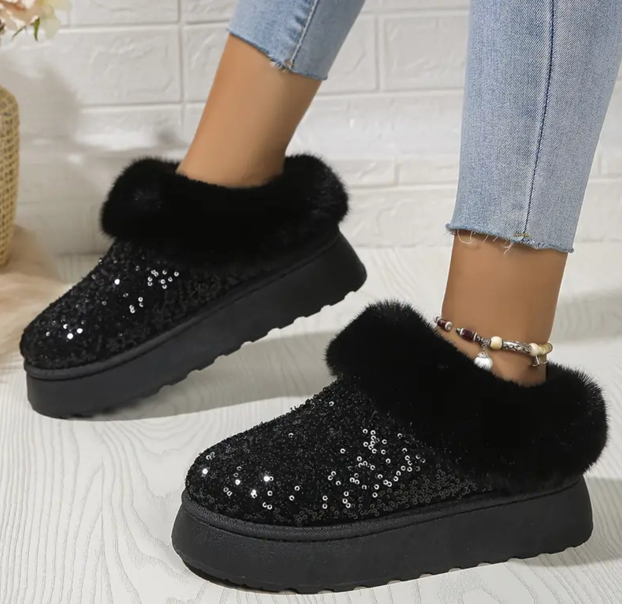 Women's Sequin Fur Lined Winter Warm Slip-On, In Door-Outdoor Slippers