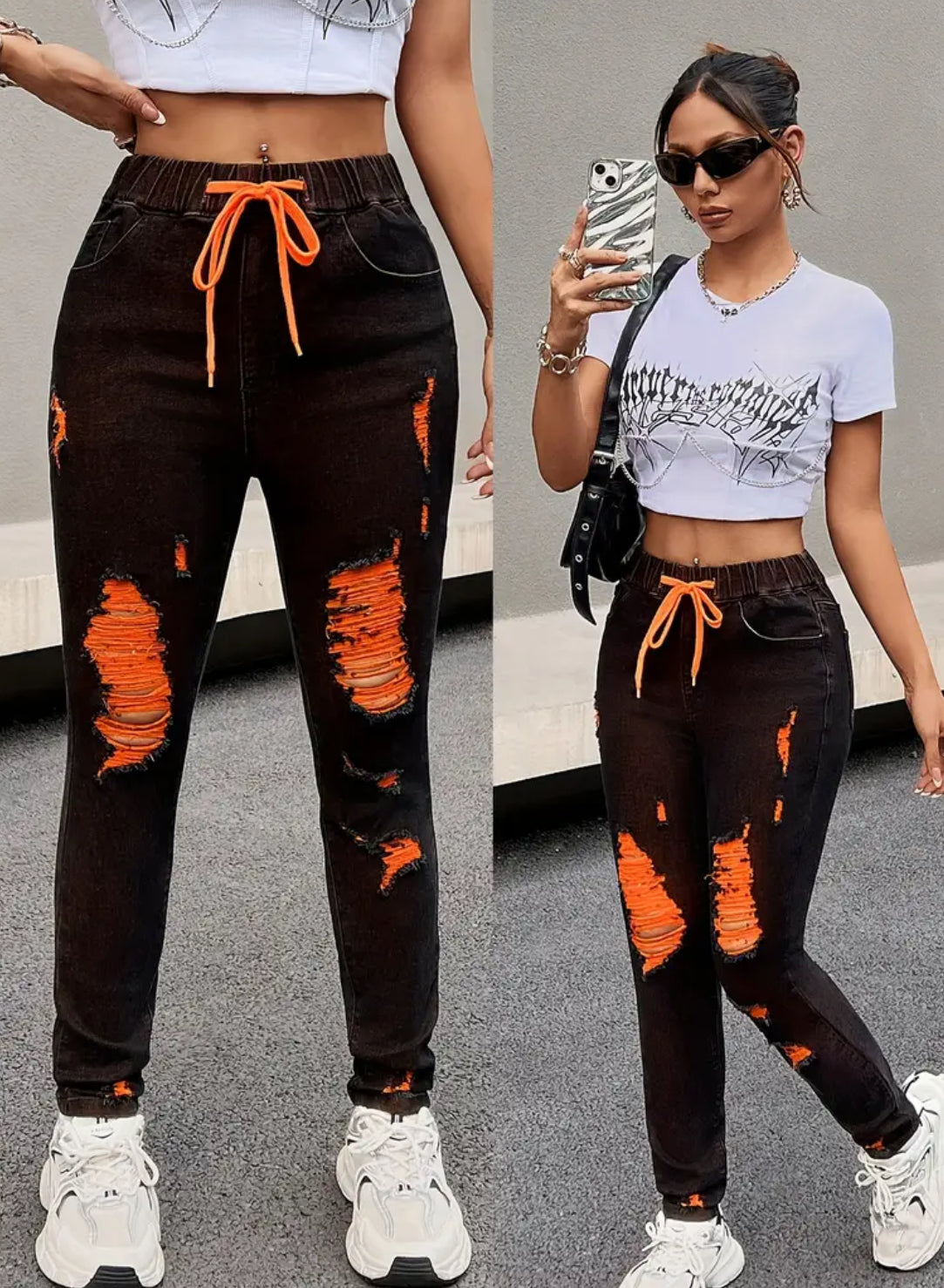 Orange Ripped Skinny Jeans High-Stretch with Adjustable Drawstring Waistband - Women's Fashion