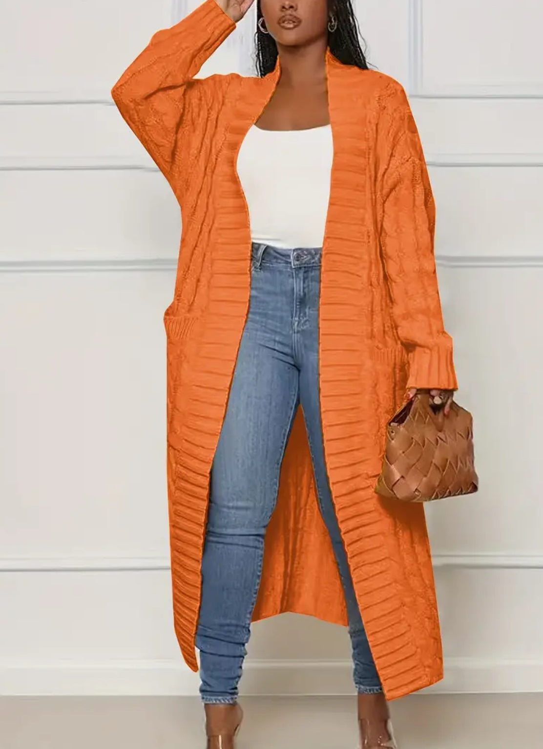 Tangerine, Posh 💋 Mommies Collection Plus Size Casual, Cable Knitted Long Sleeve Cardigan