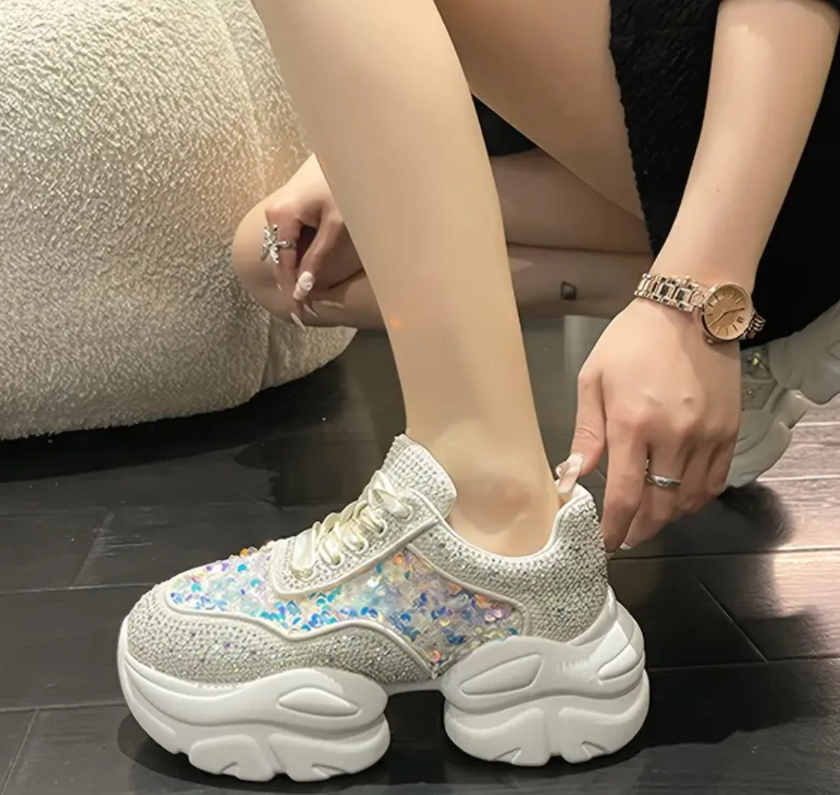 Zapatillas deportivas informales con cuña blanca y lentejuelas brillantes de diamantes de imitación para mujer