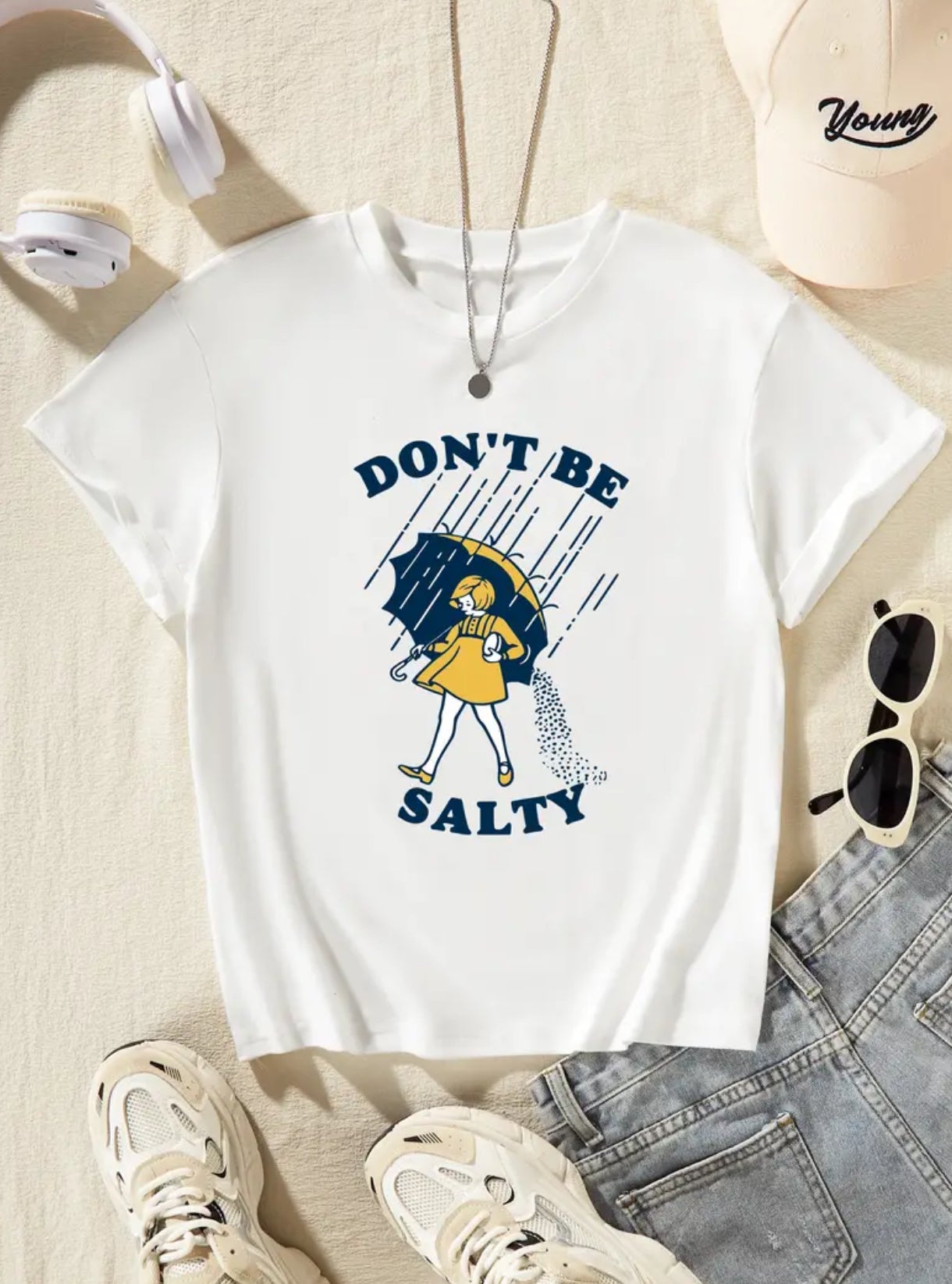 T-shirt “DON'T BE SALTY” për vajzat me mëngë të shkurtra me qafë të rastësishme