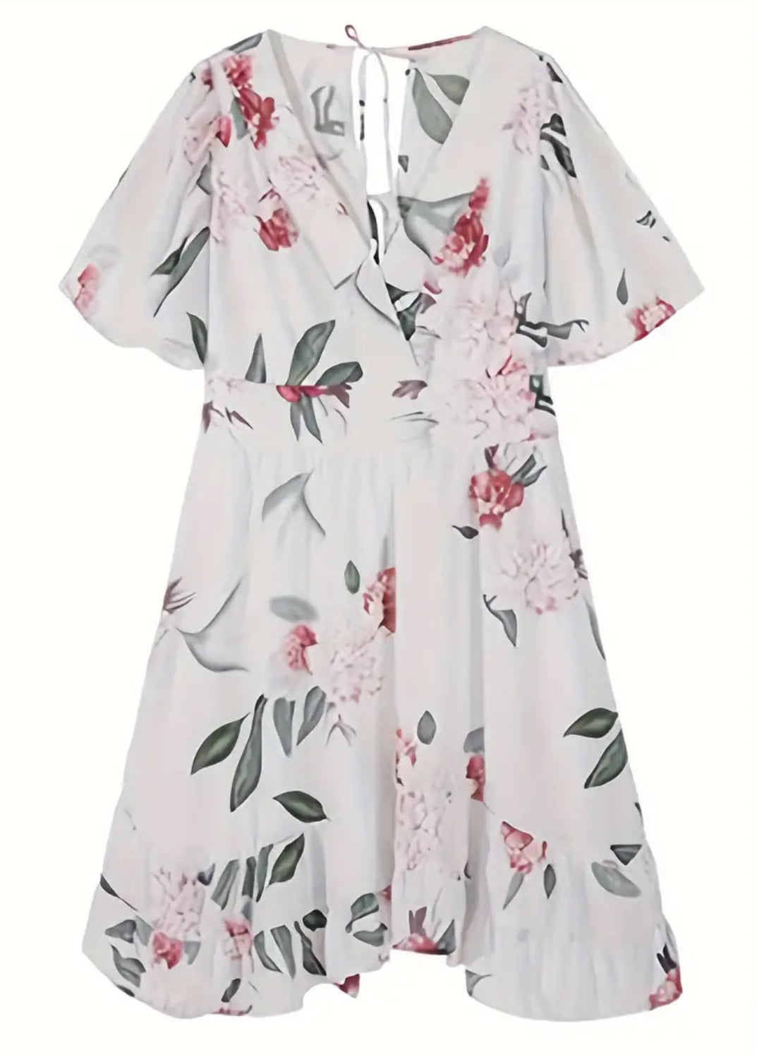 “Floral Flare” Ruffle Hem, Casual Short Sleeve, V Neck Dress