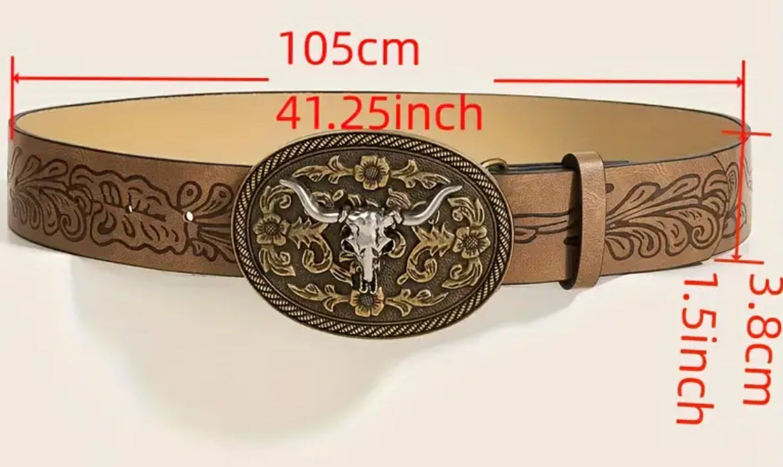 1pc, Vintage Style Cow Head Buckle Belt - Timeless Western Fashion