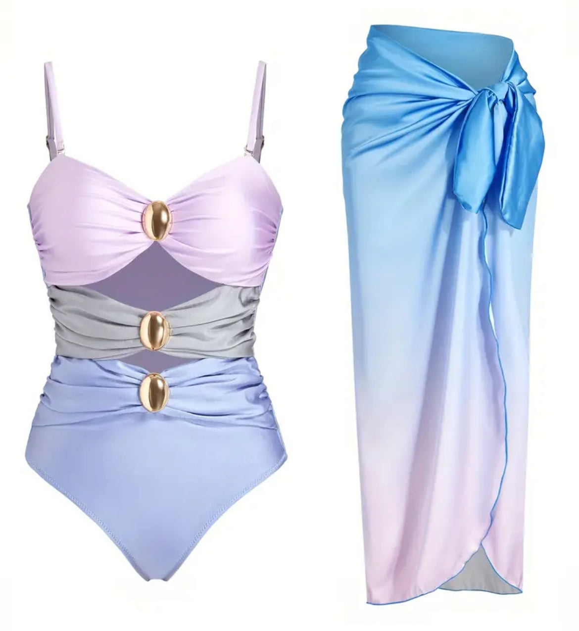 Fashionable Gradient Color One-Piece Swimsuit, Round Buckle Design + Slimming Long Skirt, Up to 2XL