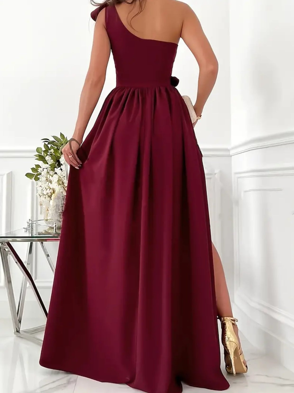 “Lady in Red” Ruffle Trim One Shoulder Dress, Elegant Split Ruched Floor Length Dress