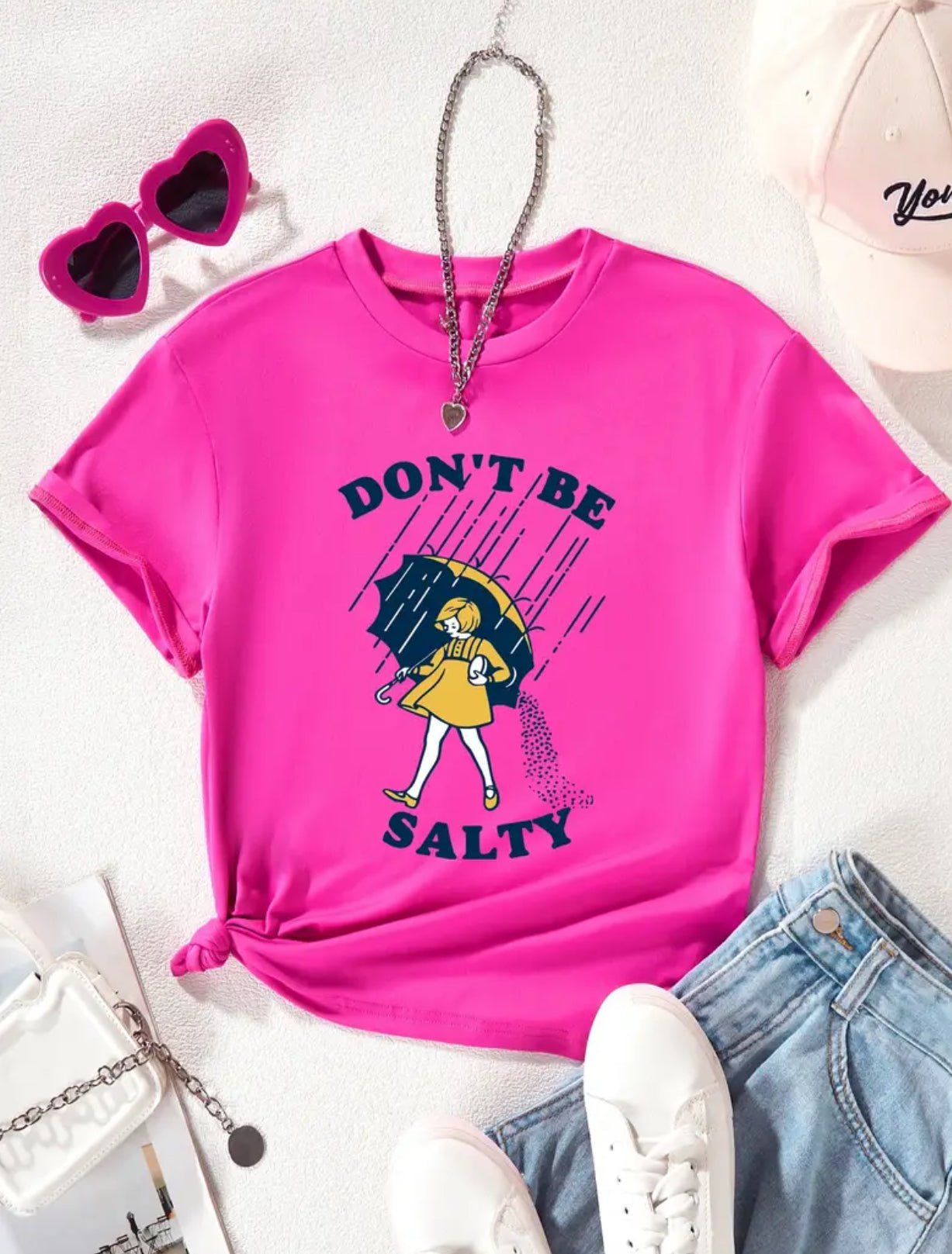 T-shirt “DON'T BE SALTY” për vajzat me mëngë të shkurtra me qafë të rastësishme