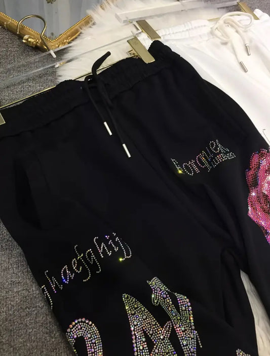 Rose Rhinestone Oversized Sweatpants Drawstring Joggers with Pockets Elastic Waist - Cropped Length Pants High Waist