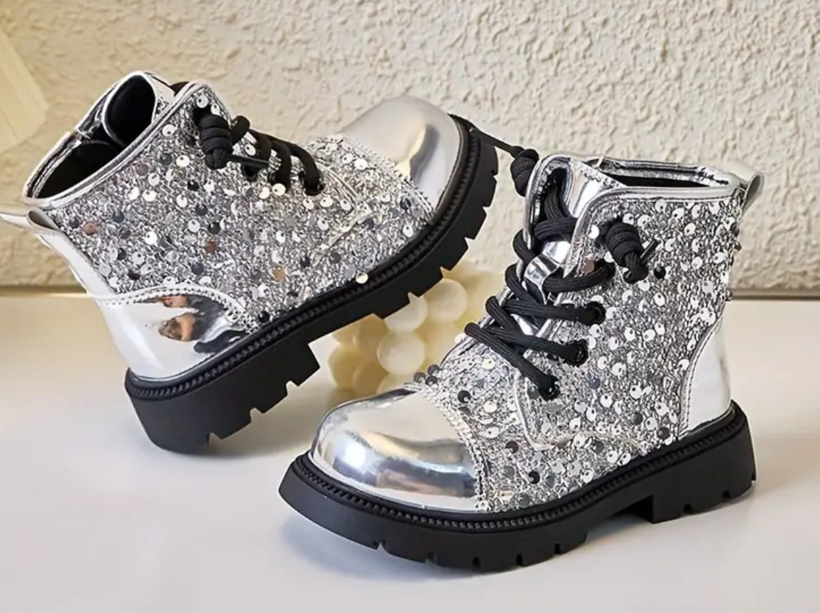 Girls' “Stars & Glitter” Low Tops, Sparkling Sequin Ankle Boots, Side Zip