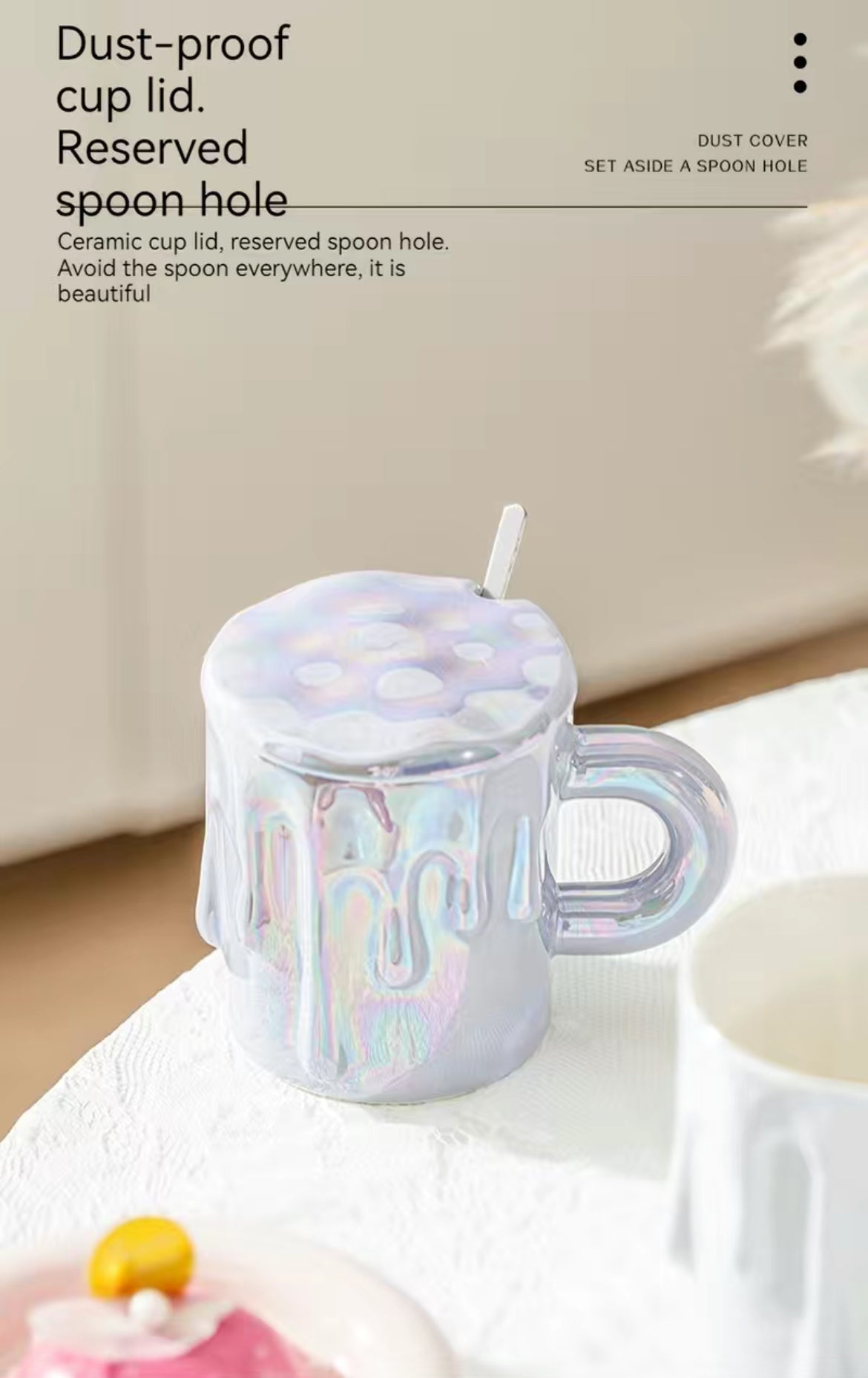 Shimmer Melting Coffee Mug With Lid And Spoon, 12.17oz, Glossy Ceramic