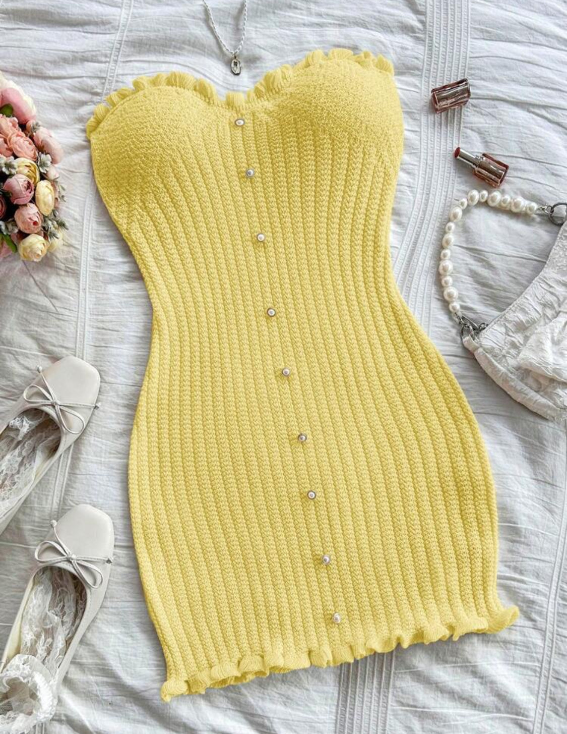 “Sunny” Knitted Ruffle Trim Camisole Mini Dress