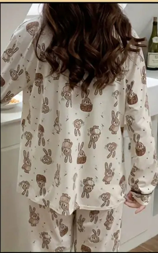 Conjunto de pijama con estampado de conejo, top de manga larga con cuello abotonado y pantalones elásticos, ropa de dormir para mujer, colección Posh 💋 Mommies