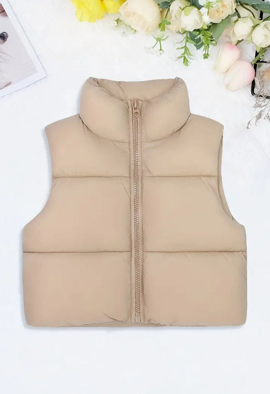 Sleeveless Puffer Jacket, Solid Colors, Zip Up Stand Collar