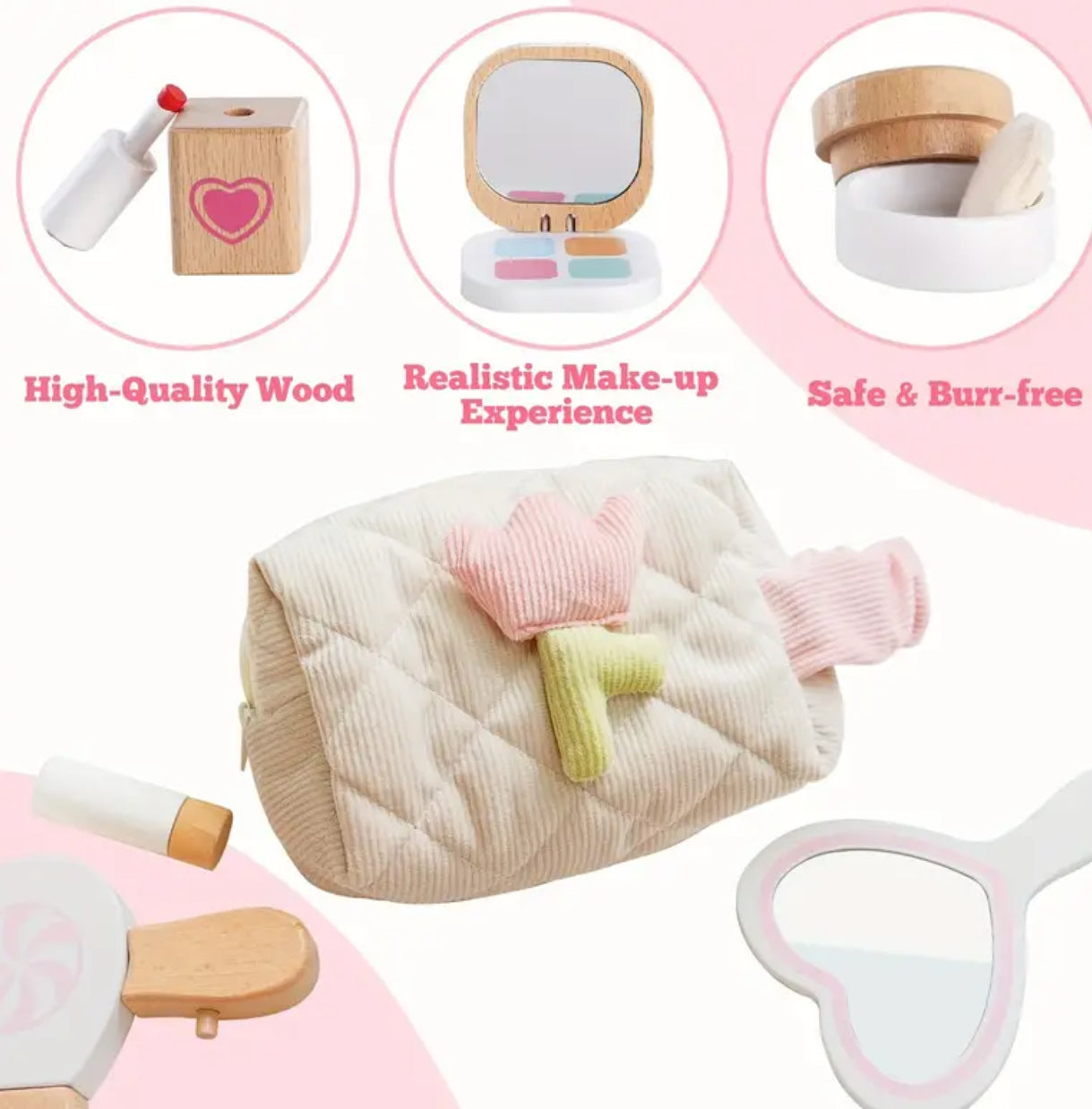 Kit de maquillaje de madera, juego de simulación de salón de belleza, cosméticos y bolsa de almacenamiento para niños de 3 años en adelante