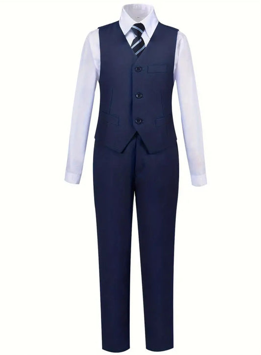 Conjunto de 4 piezas azul marino para niño: chaleco, camisa, pantalón y corbata de rayas azul marino