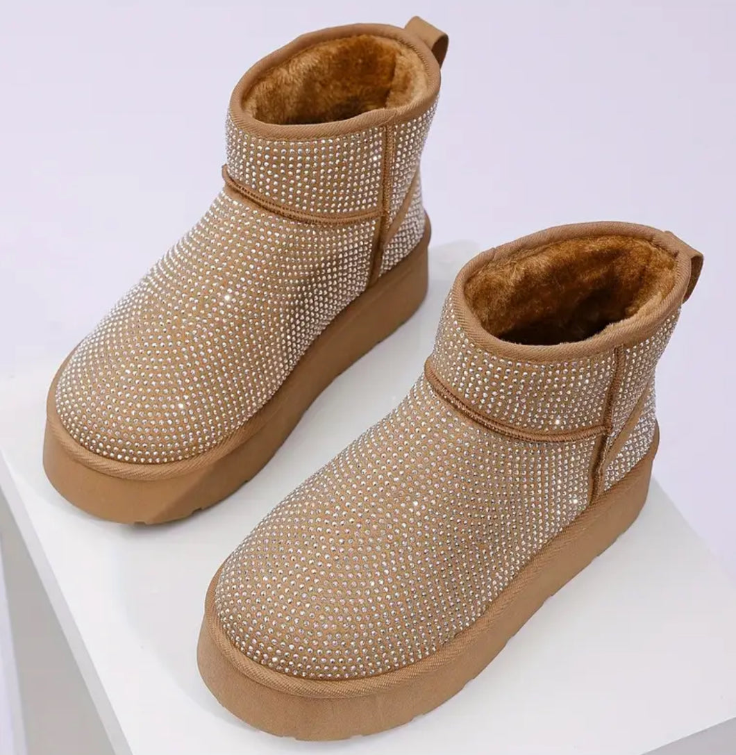 “Winter Rhinestones” Ankle Bootie, Platform Heel, Slip-On, Flannel Lining, Rubber Sole, Fabric Upper & Insole