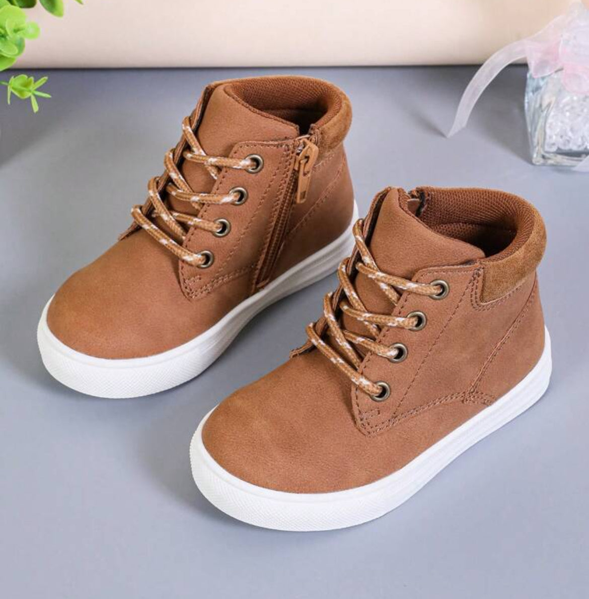 Boys Zipper Slip-On, Warm Short Boots, Waterproof Anti-Skid, Lace-Up, Casual, High-Top PU Leather