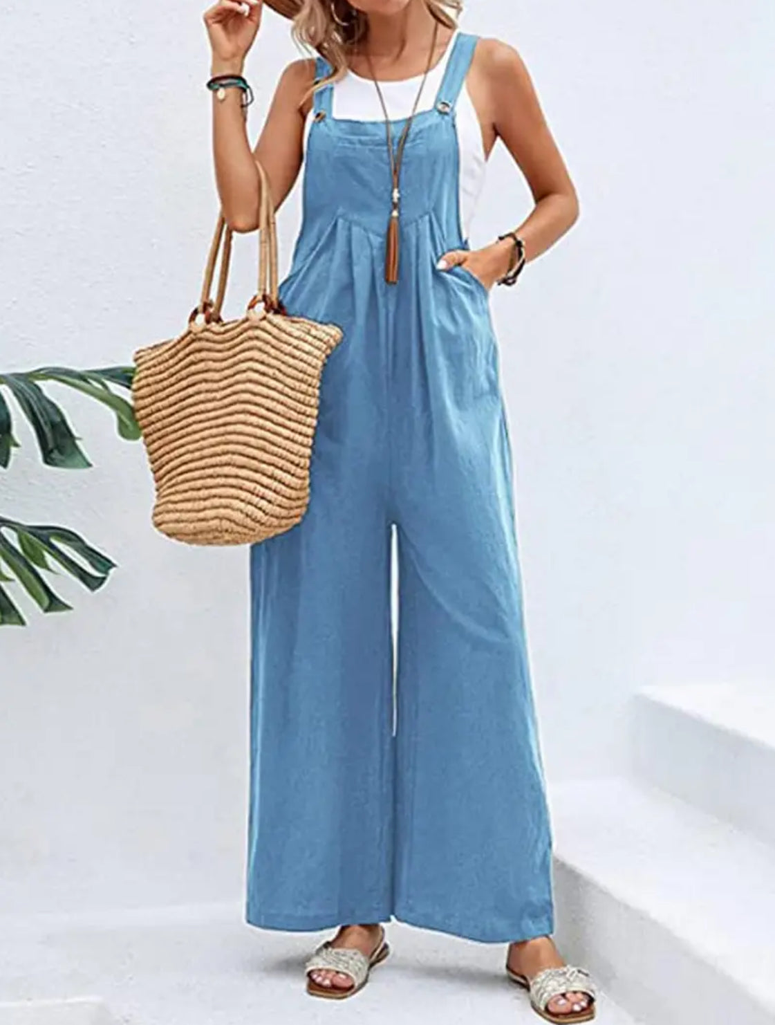 Casual Mid Waist + Pockets, Sexy Backless Full Length, Loose Wide Leg, Jumpsuit