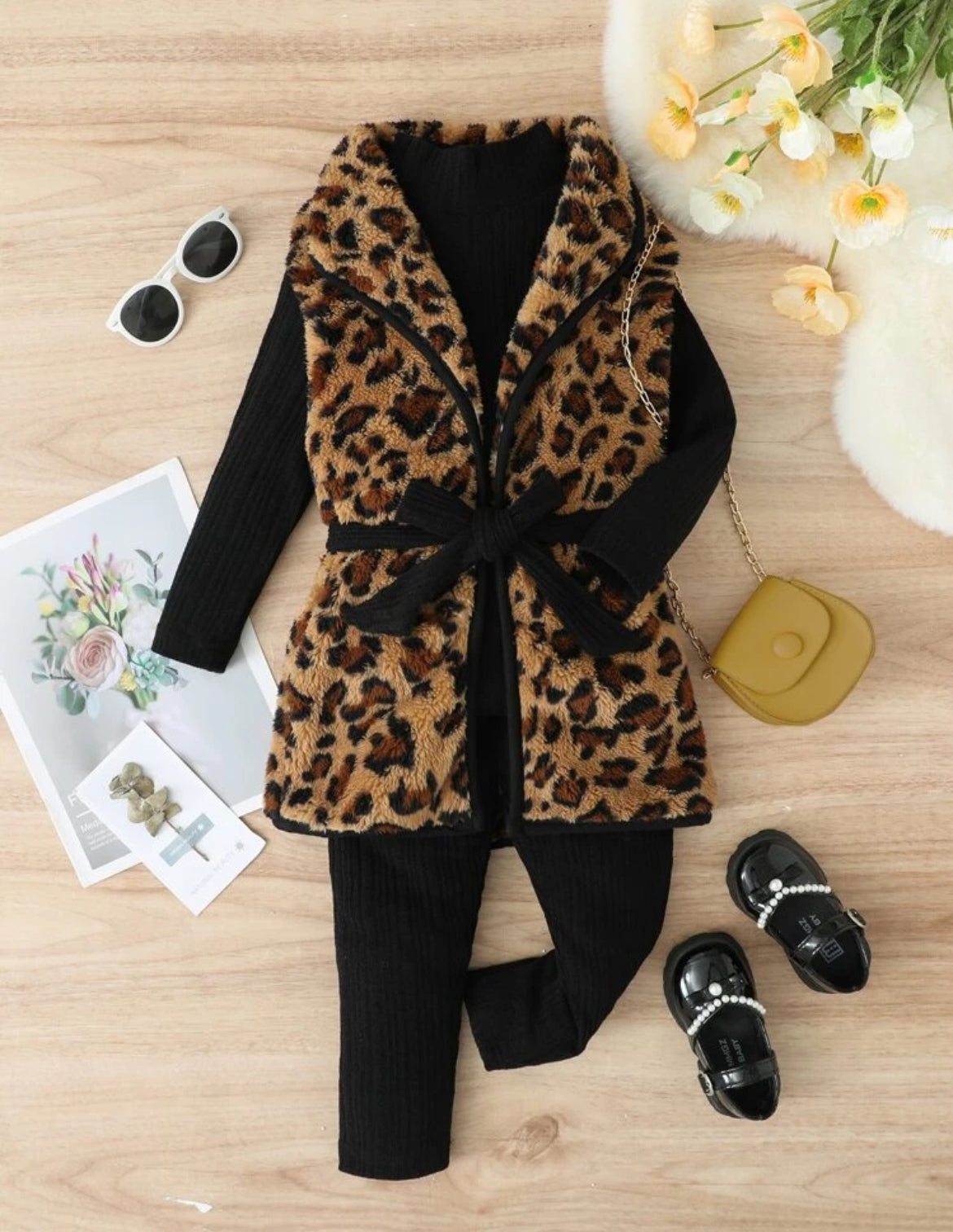 “Girls Leopard Belted Vest Coat, Leggings & Long Sleeve Blouse