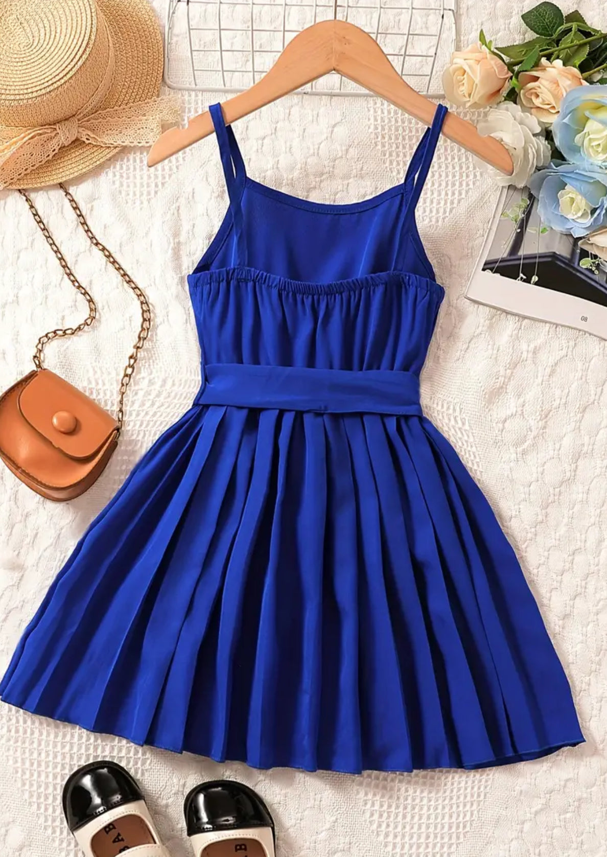 Girls, Vintage Pleated Hem Bow Belted Cami Dress