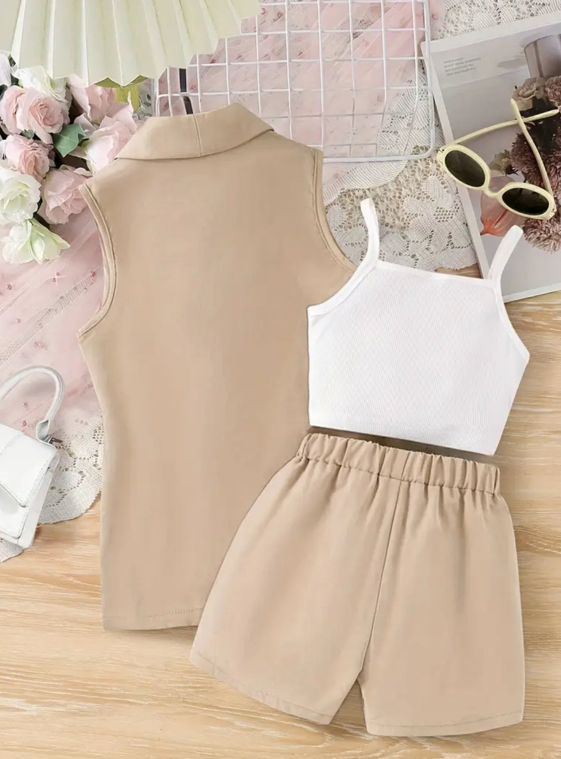 Girls ‘MISS HOLLYWOOD’ 3pcs Set - Shorts, White Blouse + Sleeveless Suit Vest