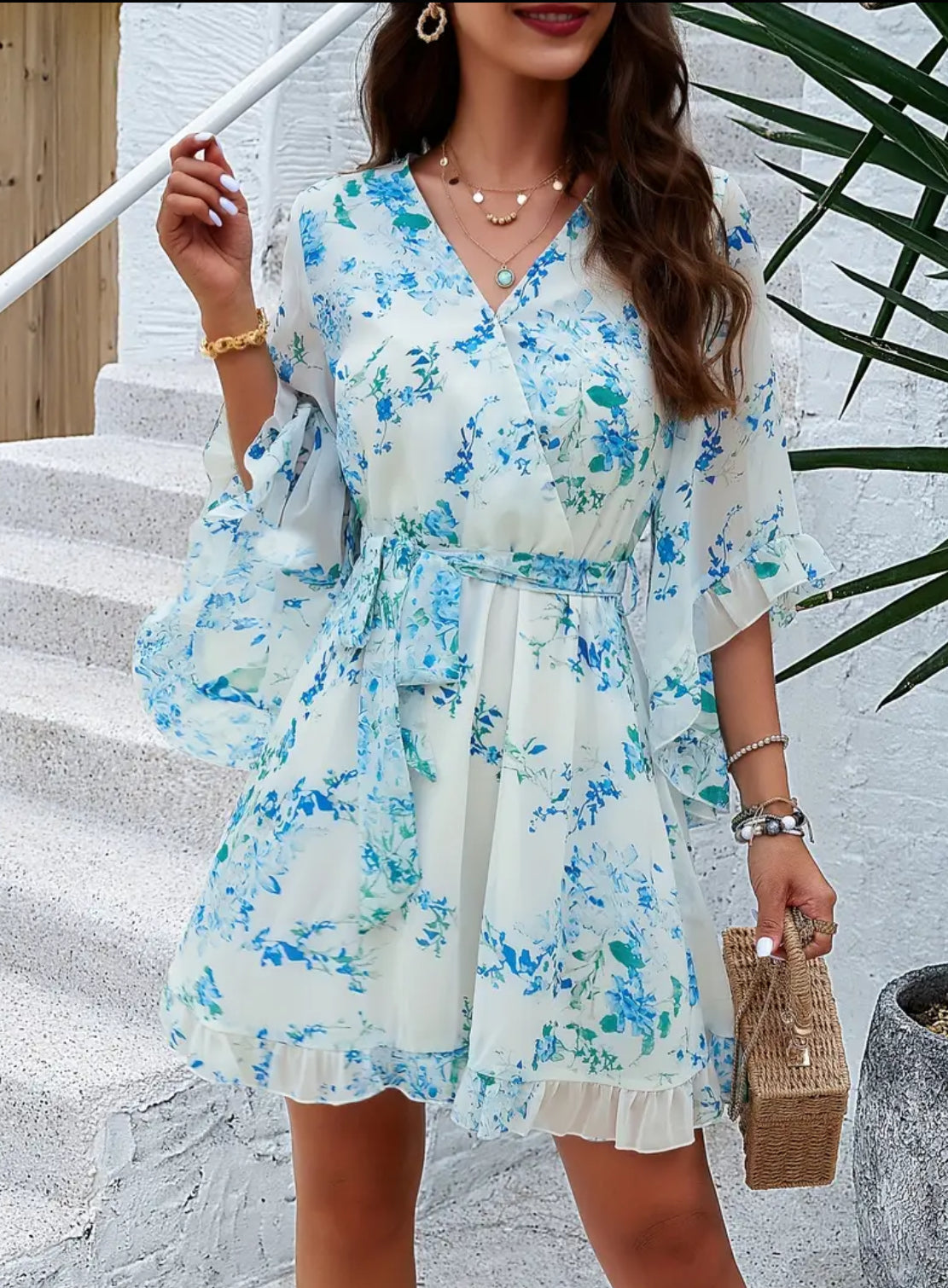 Hannah’s Floral Print V-neck Belted Swing Dress for Women - Flare Sleeve and Ruffles