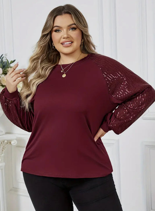 Plus Size Casual , Women's Sequin Lantern Sleeve Top